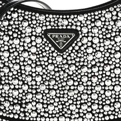 Prada Medium Cleo Adjustable Strap Shoulder Bag Metal Satin & Crystal Silver Hardware