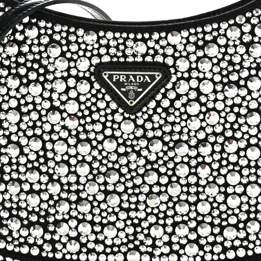 Prada Medium Cleo Adjustable Strap Shoulder Bag Metal Satin & Crystal Silver Hardware