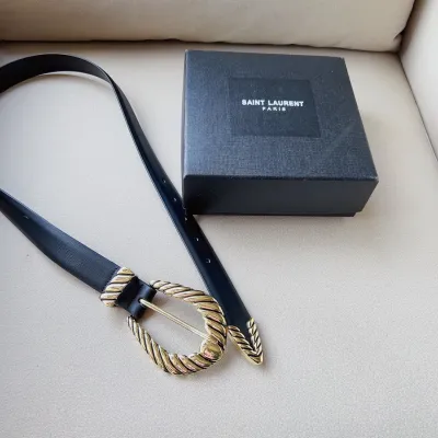 Saint Laurent Croissant De Lune Buckle Large Belt In Black Smooth Calfskin With Gold Hardware 30mm