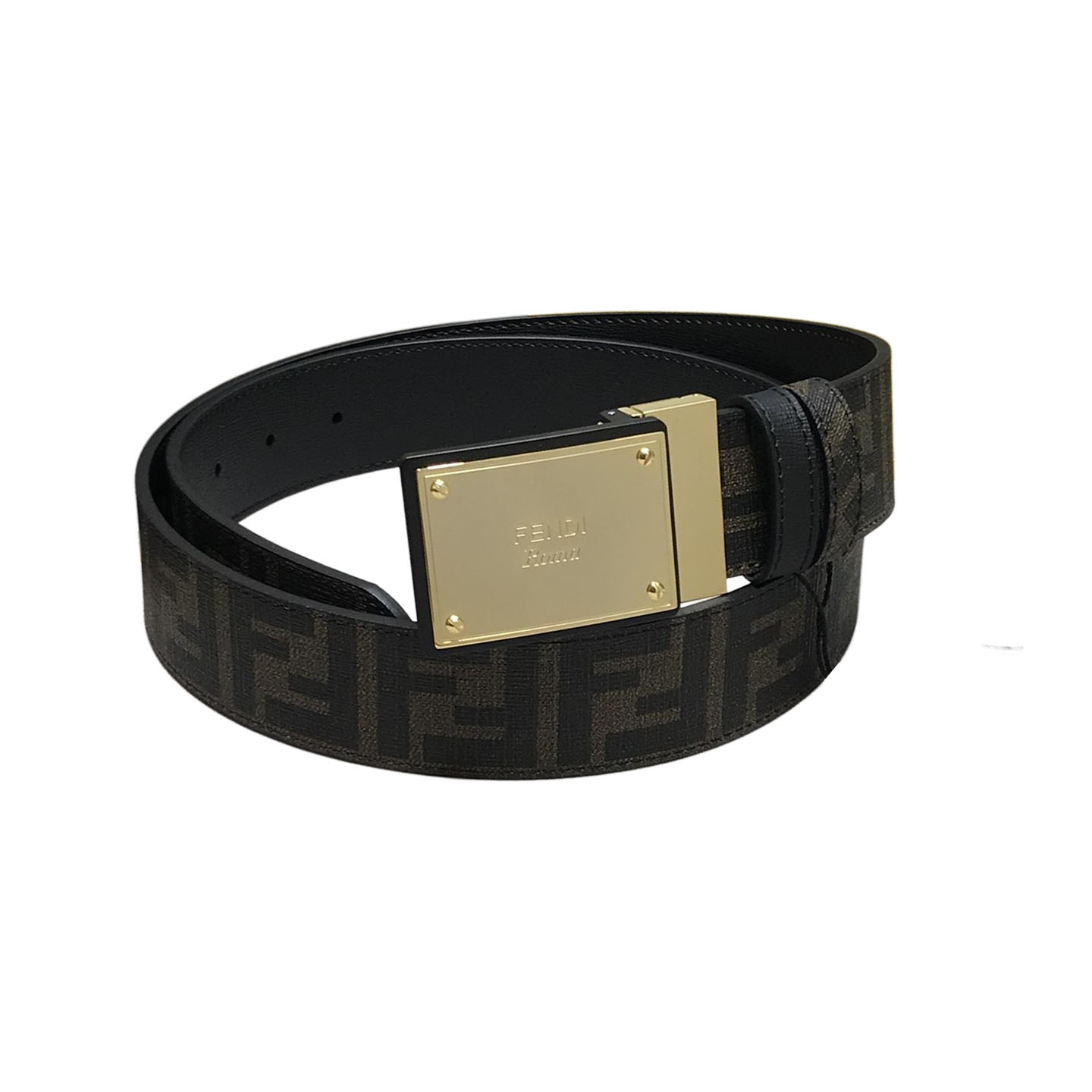 Cinto Retangular Fendi para Homem com Fivela em Couro Bezerro Preto/Marrom/Vermelho e Canvas Monograma com Hardware Dourado/Prateado 38mm