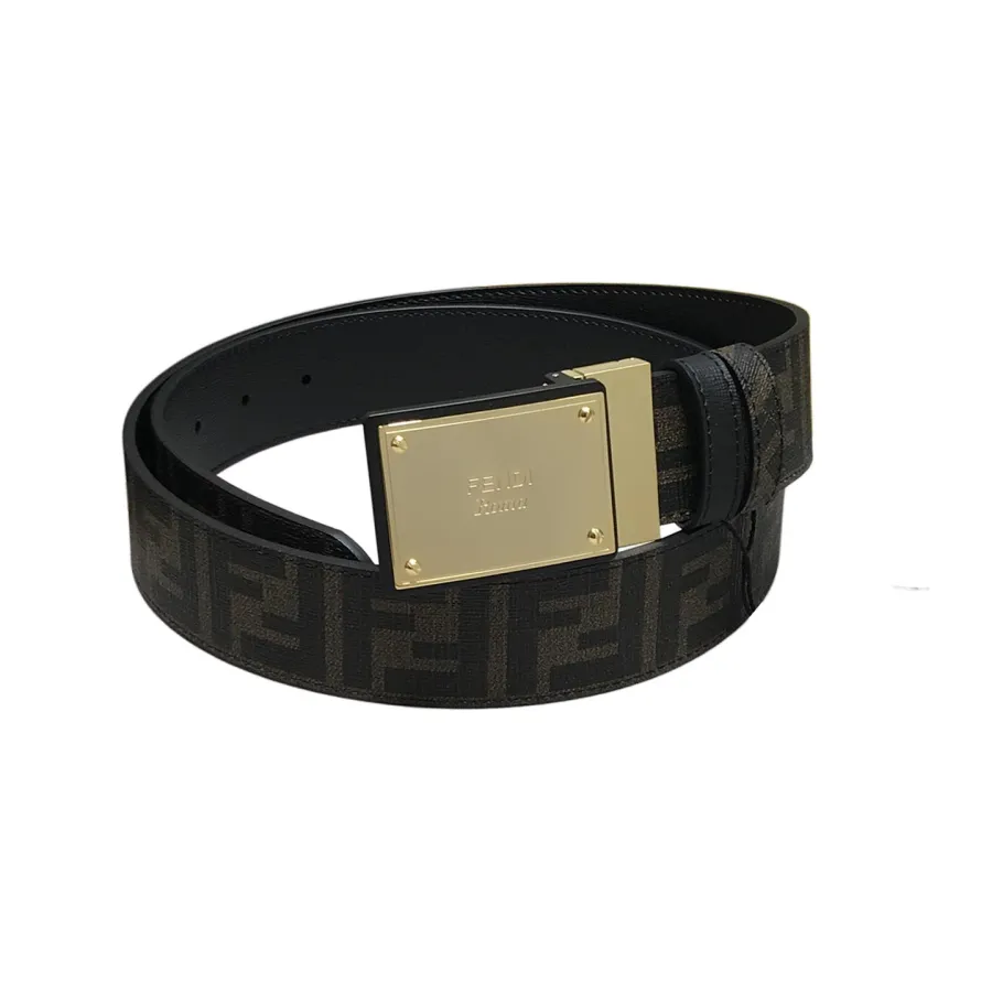 Fendi Men's Rectangle Buckle Belt In Black/Brown/Red Calfskin And Monogram Canvas With Gold/Silver Hardware 38mm