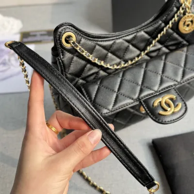 Chanel Black / White Quilted  Caviar Leather / Quilted Lambskin Leather Crossbody Bags