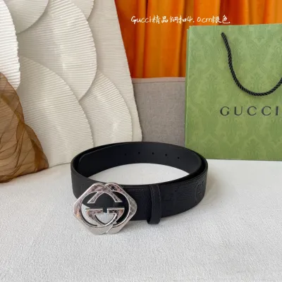 Gucci Men's Square Double G Buckle Belt In Black Monogram Calfskin With Gold/Silver Hardware 40mm