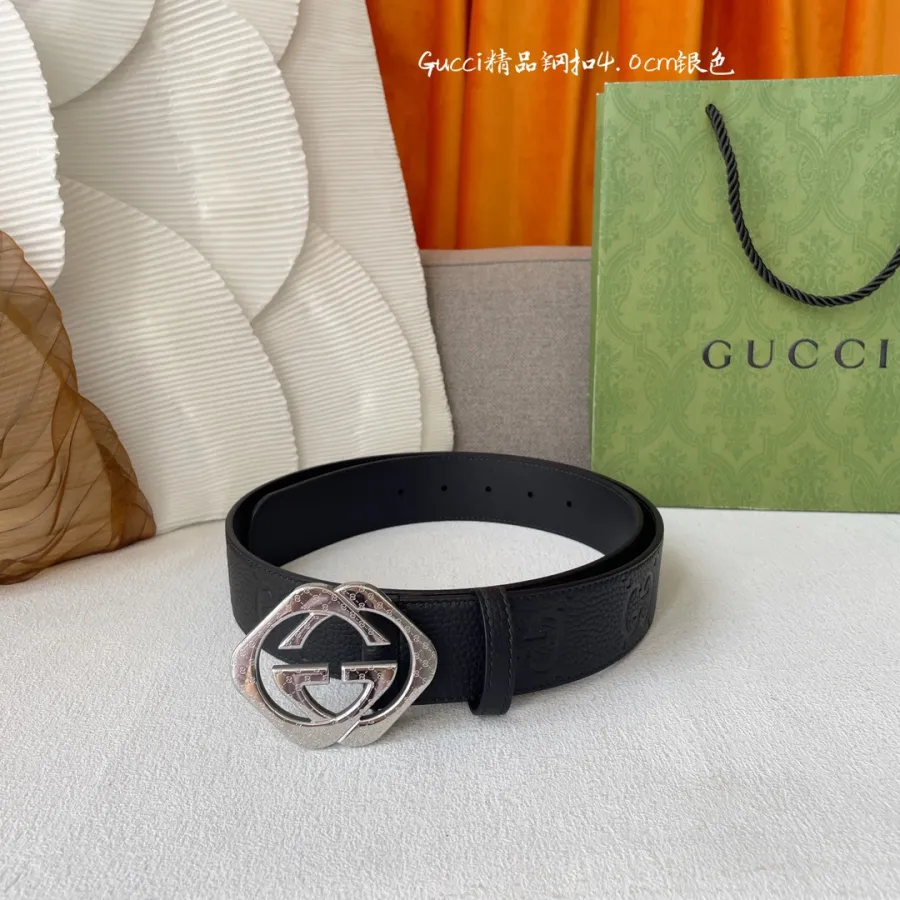 Gucci Men's Square Double G Buckle Belt In Black Monogram Calfskin With Gold/Silver Hardware 40mm