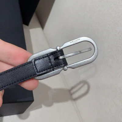 Saint Laurent Long Oval Buckle Thin Belt In Black Calfskin With Gold/Silver Hardware 15mm