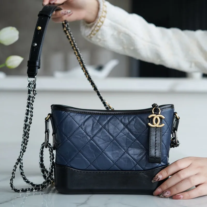 Chanel Navy blue with black Bag Quilted Calfskin Leather Shoulder Bags Crossbody Bags