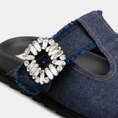 Roger Vivier Slidy Viv' Mules Birkenstocks In Blue Denim With Crystal Buckle