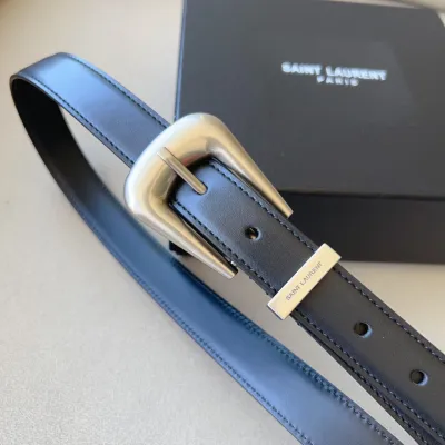Saint Laurent Folk Buckle Belt In Black/White/Brown Smooth Leather With Gold/Silver Hardware 25mm