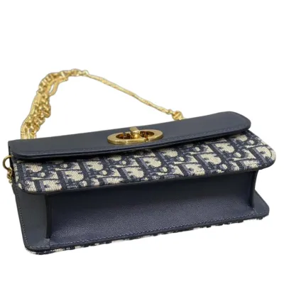Dior Miss Caro Pouch with Chain In Blue Dior Oblique Jacquard and Smooth Calfskin Gold Hardware