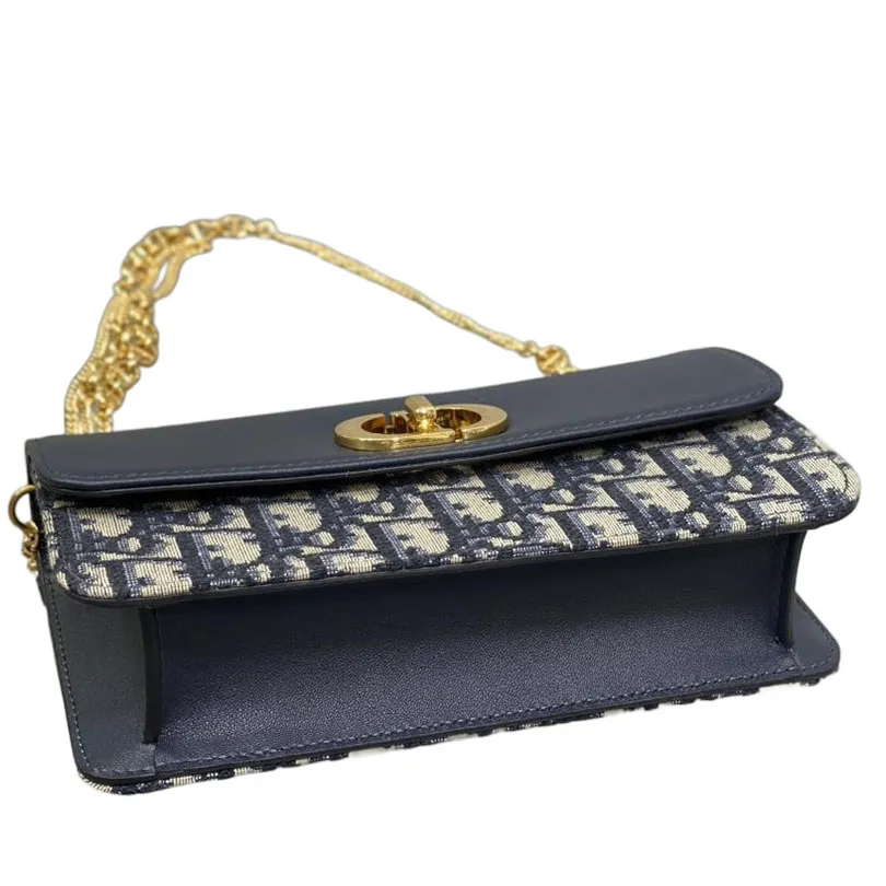 Dior Miss Caro Pouch with Chain In Blue Dior Oblique Jacquard and Smooth Calfskin Gold Hardware