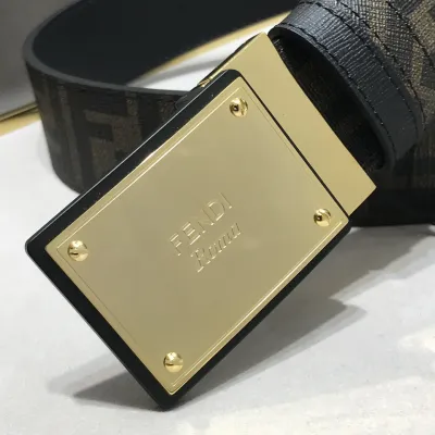Fendi Men's Rectangle Buckle Belt In Black/Brown/Red Calfskin And Monogram Canvas With Gold/Silver Hardware 38mm