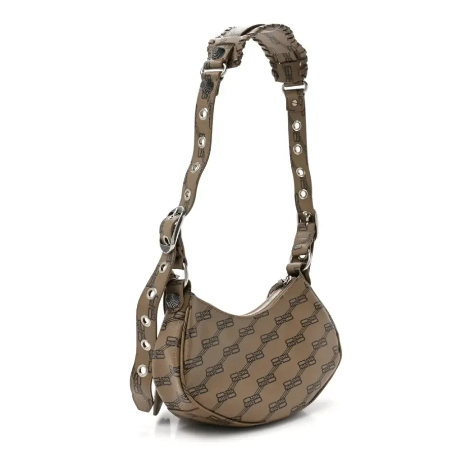 Balenciaga XS Le Cagole Shoulder Bag Beige/Brown Coated Canvas BB Monogram Silver Hardware