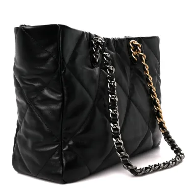Chanel East-West Shopping Bag Medium Black Chanel 19 Quilted Lambskin Leather Mixed Metal Hardware