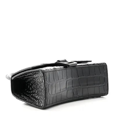 Balenciaga XS Hourglass Top Handle Bag Black Monochrome Crocodile Embossed Shiny Calfskin Leather Black Hardware