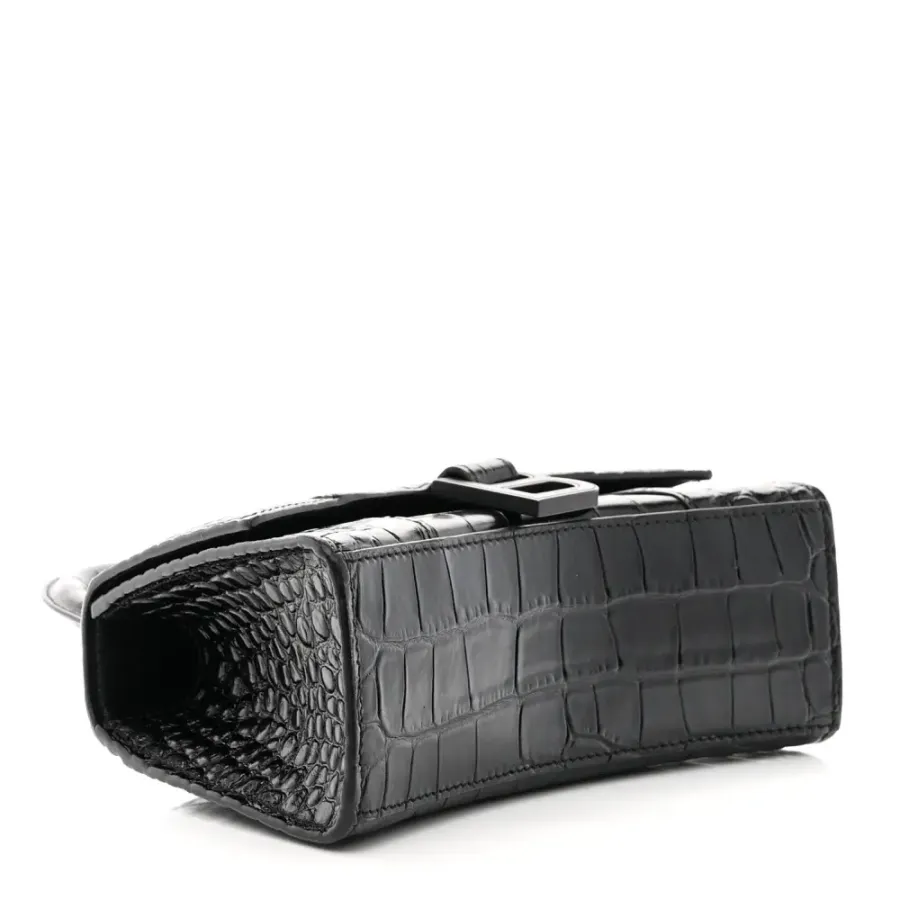 Balenciaga XS Hourglass Top Handle Bag Black Monochrome Crocodile Embossed Shiny Calfskin Leather Black Hardware