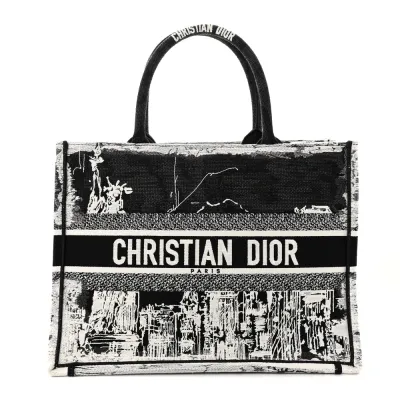 Dior Medium New York Book Tote Black/White Embroidered Canvas