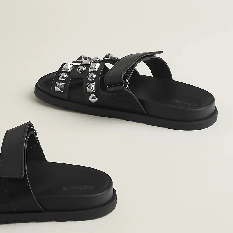 HERMES Chypre Black Studs of rivets Slippers