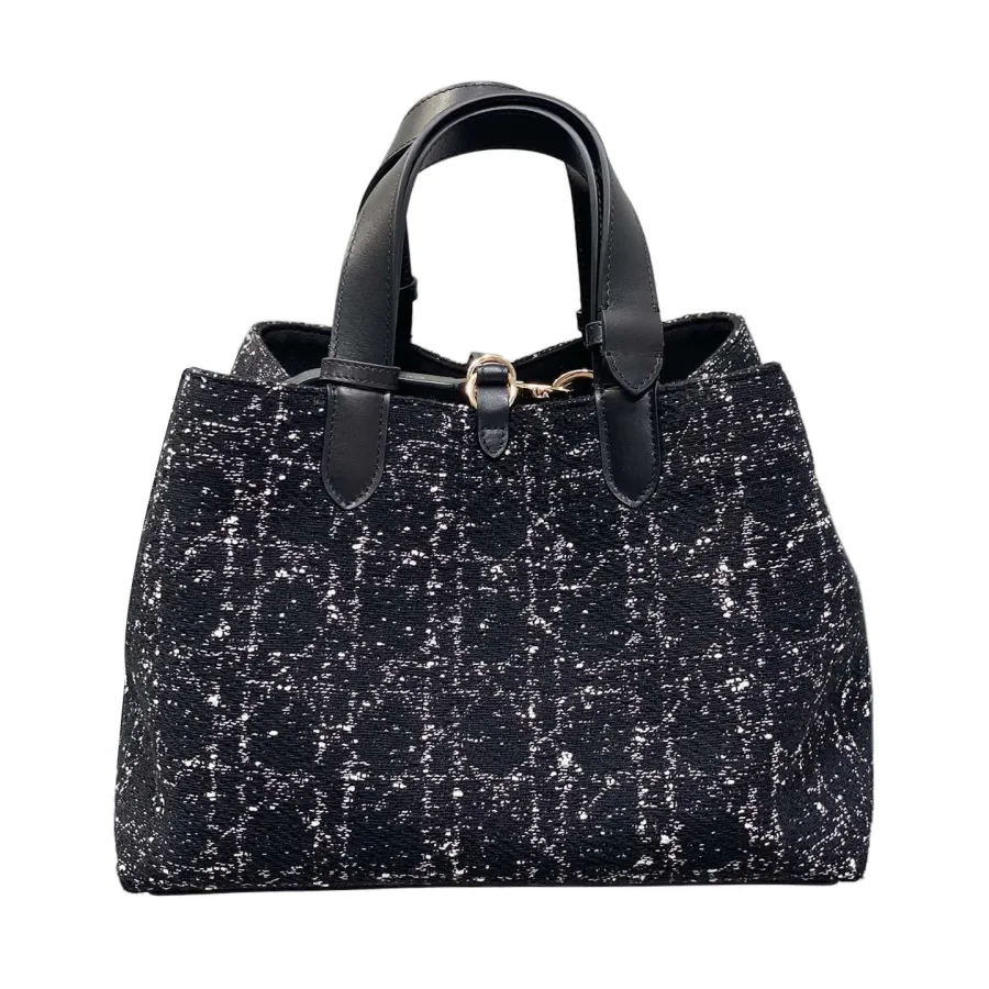 Dior Medium Dior Toujours Bag In Black Tweed with White Cannage Motif With Gold Hardware