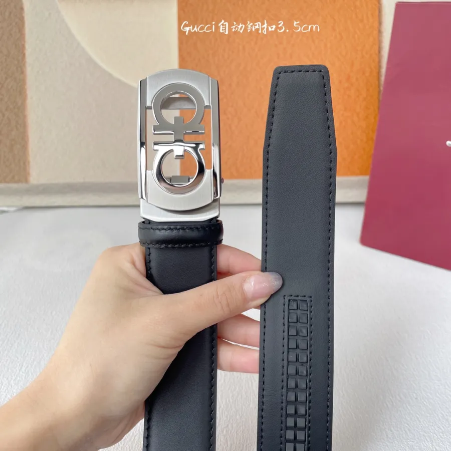 Ferragamo Men's Rectangled Double Gancini Buckle Belt In Black Calfskin With Gold/Silver Hardware 35mm