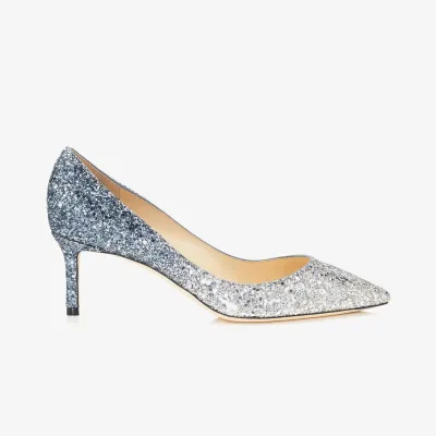 JIMMY CHOO Silver dark blue flame flash powder gradient fabric pointy heels
