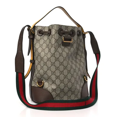 Gucci Medium Neo Vintage Drawstring Bucket Backpack New Acero Crop GG Supreme Monogram Canvas Gold Hardware