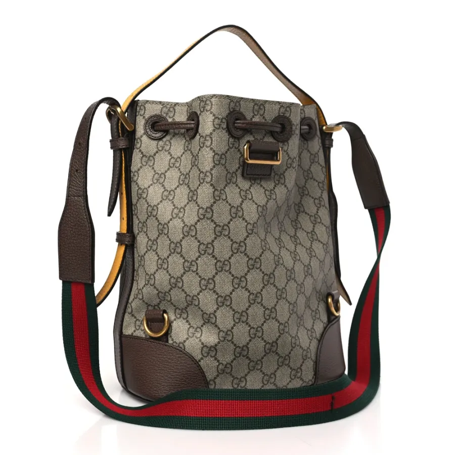 Gucci Medium Neo Vintage Drawstring Bucket Backpack New Acero Crop GG Supreme Monogram Canvas Gold Hardware