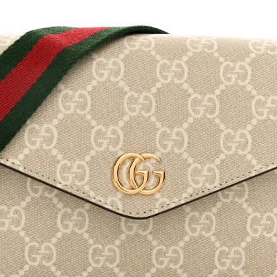 Gucci Mini Web Ophidia Envelope Shoulder Bag Beige / Mystic White / Oatmeal GG Supreme Monogram Canvas & Textured Dollar Calfskin Leather Gold Hardware