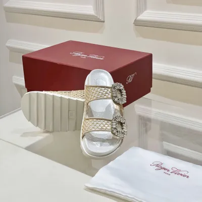 Roger Vivier Slidy Viv' Mules Sandals In Woven Fabric With Crystal Buckle