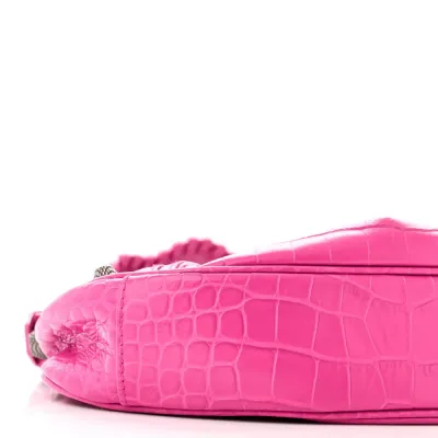 Balenciaga XS Le Cagole Shoulder Bag Lipstick Pink Crocodile Extra Embossed Supple Calfskin Leather Silver Hardware