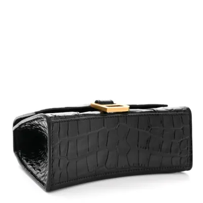 Balenciaga XS Hourglass Top Handle Bag Black Crocodile Embossed Shiny Calfskin Leather Gold Hardware