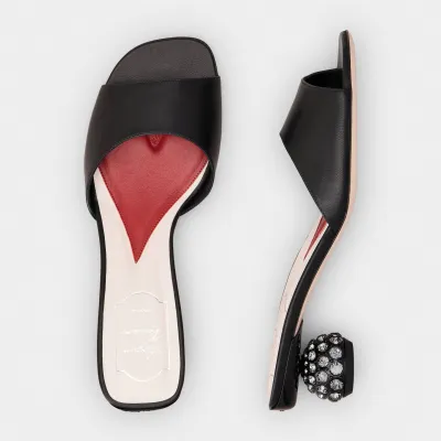 Roger Vivier Mules Sandals In Black/White Leather Crystal Heels (Heel Height 4cm)