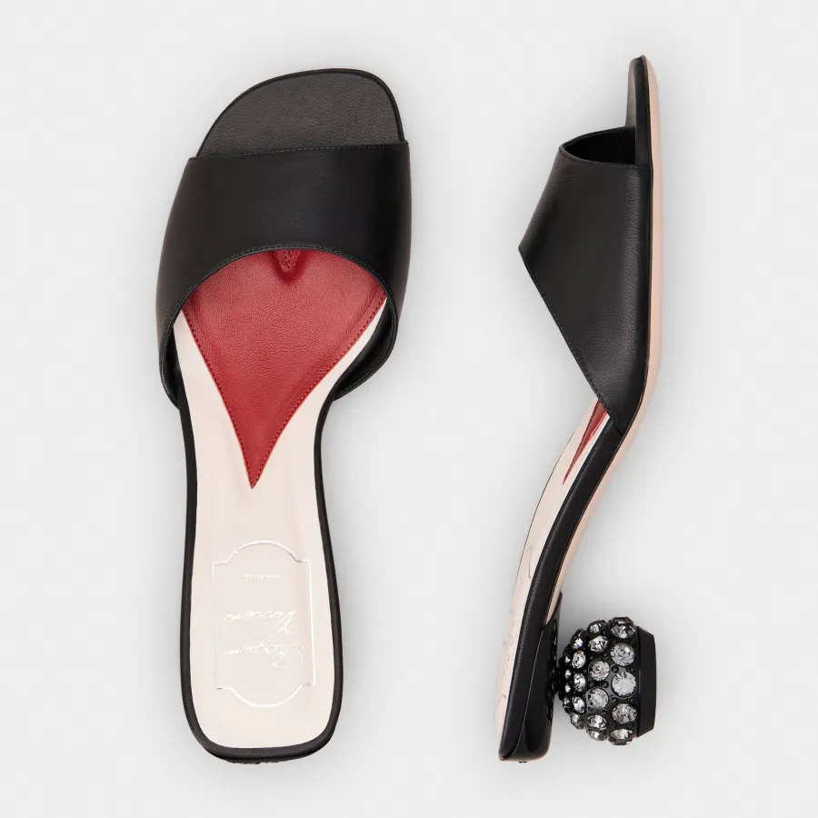 Roger Vivier Mules Sandals In Black/White Leather Crystal Heels (Heel Height 4cm)