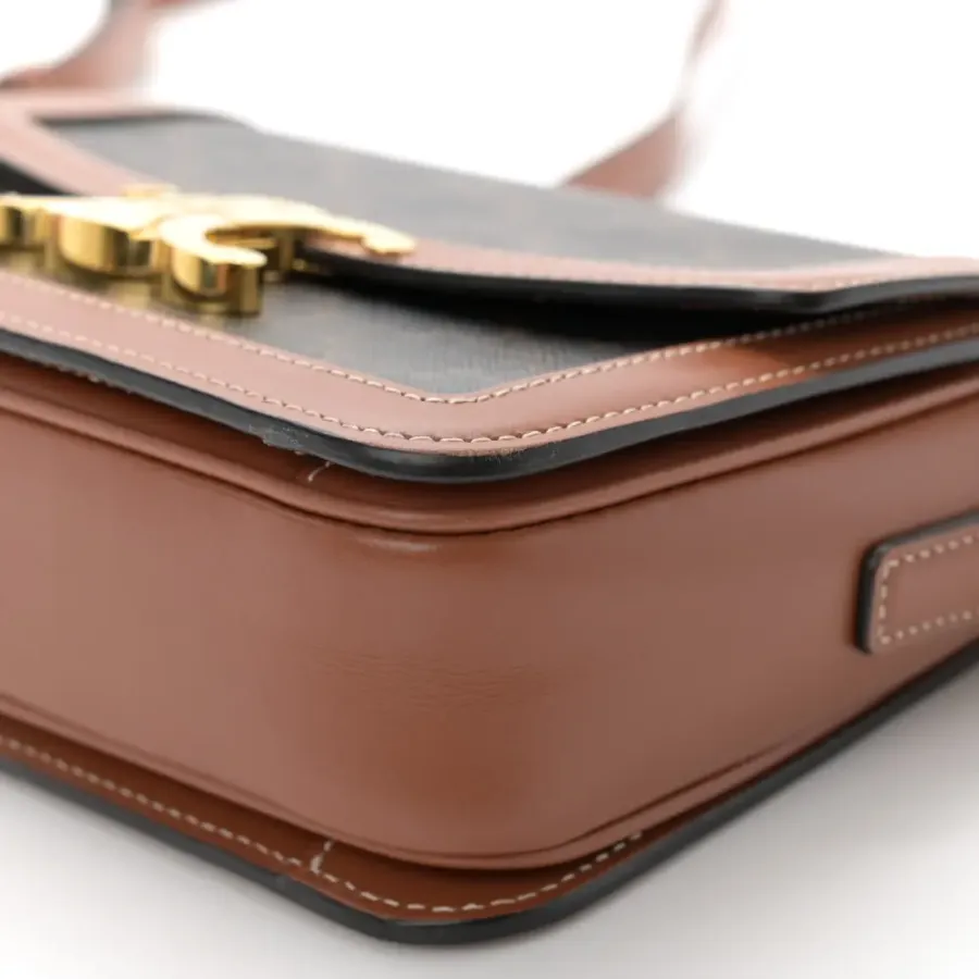 Celine Teen Triomphe Bag Medium Tan Calfskin Leather & Triomphe Canvas Gold Hardware