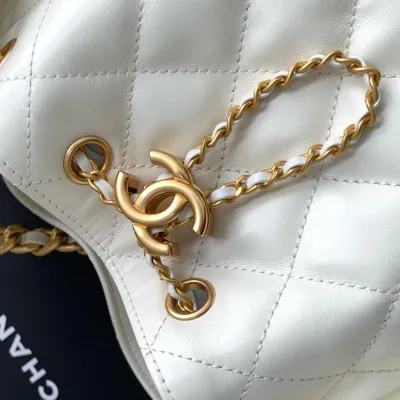 Chanel White Quilted Shiny Calfskin Leather  Shoulder Bags