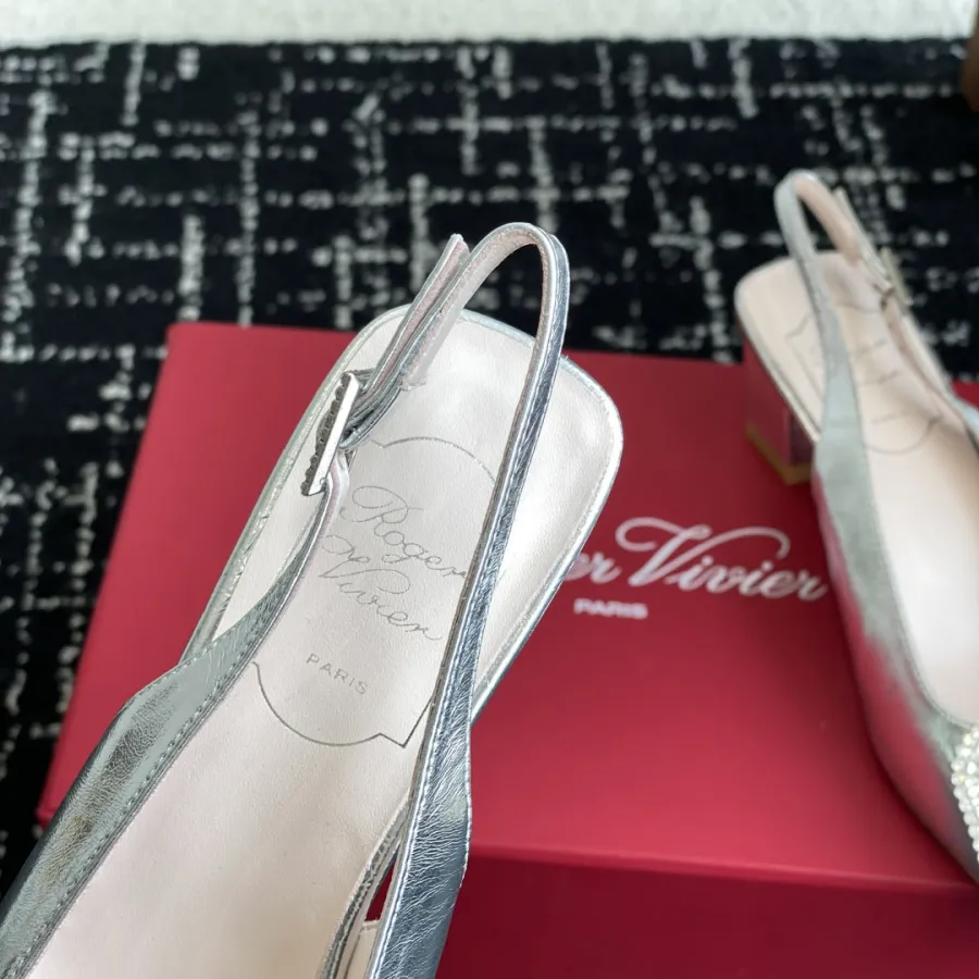 Roger Vivier Belle Viver Slingback Pumps High Heels In Silver Calfskin Leather With Crystal Buckle (Heel Height 4.5cm)