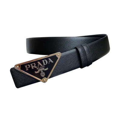 Prada Men' s Triangled Buckle Belt In Black/Brown/White/Blue Saffiano Calfskin With Gold/Silver Hardware 35mm