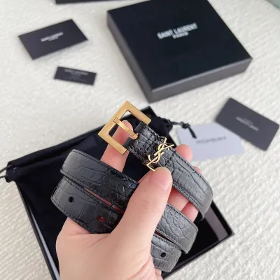 Saint Laurent Cassandre Belt In Black Crocodile-Embossed Calfskin With Gold/Silver/Black Hardware 20mm