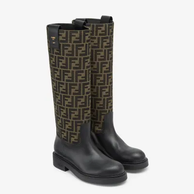 FENDI Black leather and brown FF fabric boots