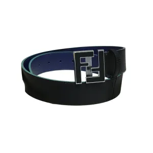 Fendi Men's Square FF Buckle Belt In Black/Blue Calfskin With Silver Hardware 40mm