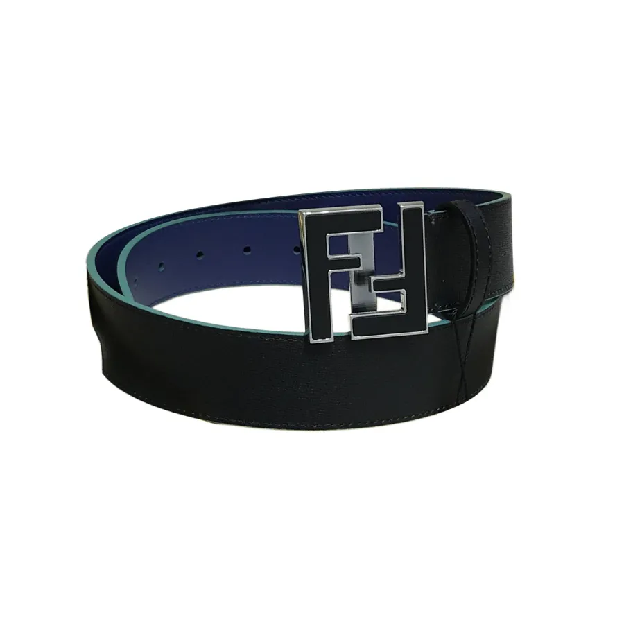 Fendi Men's Square FF Buckle Belt In Black/Blue Calfskin With Silver Hardware 40mm