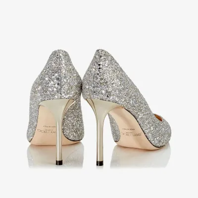 JIMMY CHOO Silver coarse grain glitter fabric pointed heels