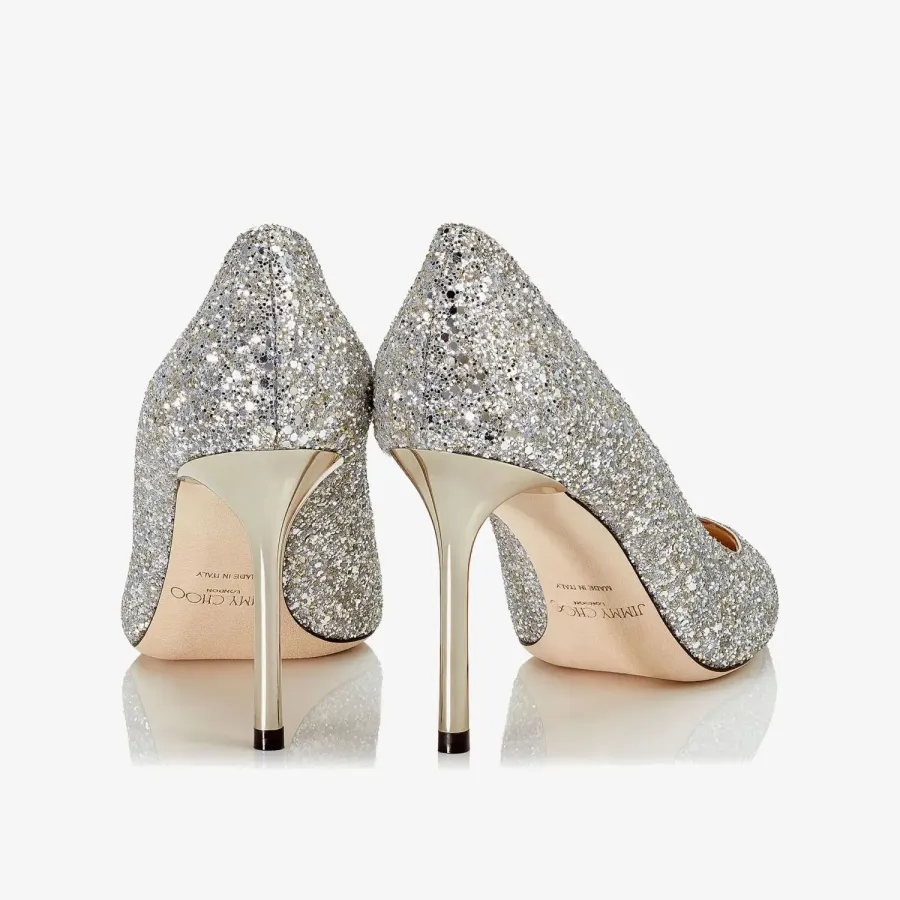 JIMMY CHOO Silver coarse grain glitter fabric pointed heels