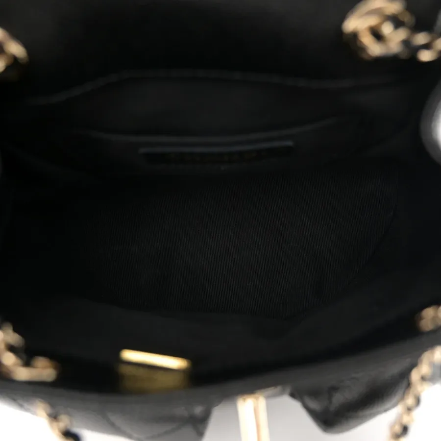 Chanel Duma Pockets Drawstring Backpack Small Black Quilted Shiny Caviar Leather Light Gold Hardware