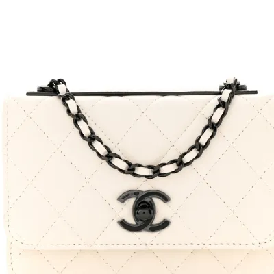 Chanel Trendy CC Wallet On Chain (WOC) Mini White Quilted Lambskin Leather Black Hardware