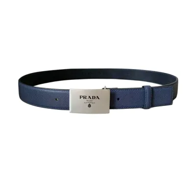 Prada Men' s Square Buckle Belt In Black/Blue Saffiano Calfskin With Silver/Black Hardware 35mm