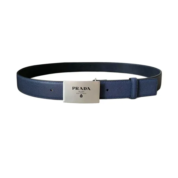 Prada Men' s Square Buckle Belt In Black/Blue Saffiano Calfskin With Silver/Black Hardware 35mm - Image 4