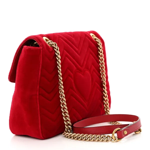 Gucci Medium GG Marmont Shoulder Bag Hibiscus Red Velvet Matelassé Leather Aged Gold Hardware - Image 3