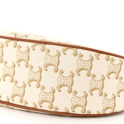 Celine Small Ava Triomphe Shoulder Bag White Canvas & Calfskin Leather Gold Hardware $430