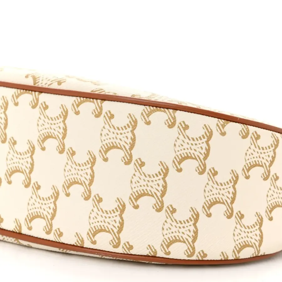 Celine Small Ava Triomphe Shoulder Bag White Canvas & Calfskin Leather Gold Hardware $430