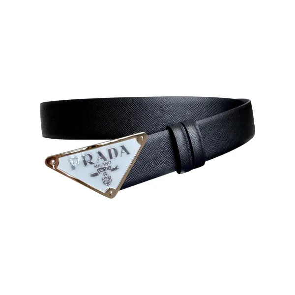 Prada Men' s Triangled Buckle Belt In Black/Brown/White/Blue Saffiano Calfskin With Gold/Silver Hardware 35mm - Image 2
